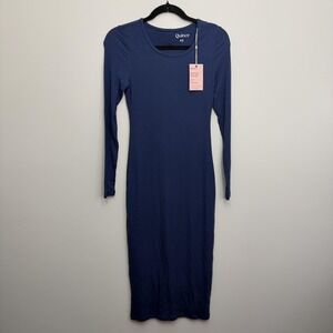 Quince Dress Womens XS Blue Tencel Rib‎ Knit Long Sleeve Bodycon Stretch Midi